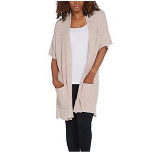 Barefoot Dreams CozyChic Lite Ribbed Short Sleeved Longline Cardigan Tan Beige